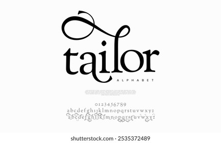 Tailor typography beauty fashion elegant minimalist serif italic fonts decorative wedding vintage retro logos. Minimal luxury font alphabet logo. Vector illustration