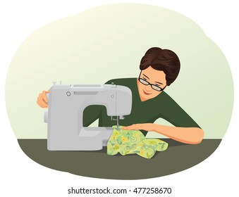 Tailor is using a sewing machine. Textile machinist at work.