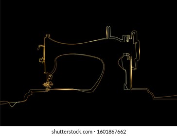 Tailor Vector Logo. Gold Single Black Line Drawing Sewing Machine Logo Template. Fashion Logo. Golden Continuous Line Freehand Drawing Sewing Machine Silhouette Icon Isolated On Black Background 