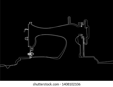 Tailor vector logo. Single white line drawing sewing machine logo template. Fashion logo. Continuous line freehand drawing sewing machine silhouette illustration icon isolated on black background 