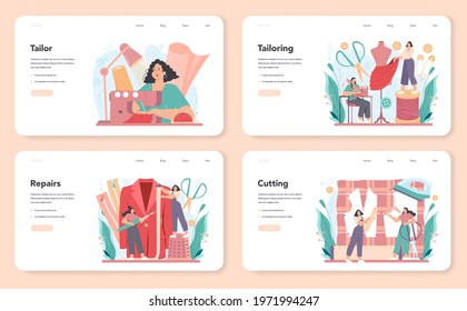 Tailor web banner or landing page set. Fashion designer sewing or fitting clothes. Dressmaker working on power sewing machine and taking measurements. Vector flat illustration