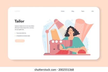 Tailor web banner or landing page. Fashion designer sewing or fitting clothes. Dressmaker working on power sewing machine and taking measurements. Vector flat illustration