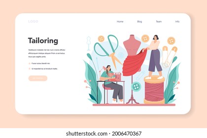 Tailor web banner or landing page. Fashion designer sewing or fitting clothes. Dressmaker working on power sewing machine and taking measurements. Vector flat illustration