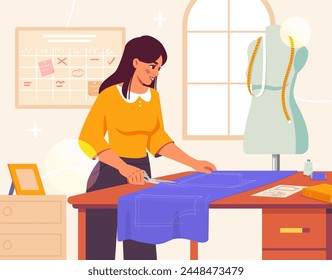 Sastre mujer con vestido. Atelier y costurera en el trabajo. Prendas y trajes artesanales y hechos a mano. Maestro con tijeras e hilos y maniquí. Ilustración vectorial plana de dibujos animados