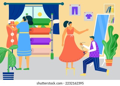Tailor work in atelier, vector illustration. Fashion designer tailoring fabric into dress, flat textile workshop. Man dressmaker character fix clothes