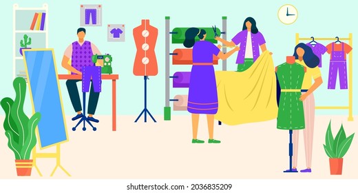 Tailor work with fabric, vector illustration, flat people fashion dressmaker character designed clothes with textile, woman designer team