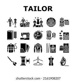 Vector de conjunto de iconos de ocupación de costura del trabajador del sastre. Cliente De Medición De Sastre Y Chaqueta De Cuero De Cuero De Cuero, Preparando Un Juego De Artesanía De Mannequín Con Pictogramas De Glifo De Equipo Profesional Ilustraciones Negras