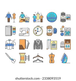 Tailor Worker Sewing Occupation Icons Set Vector. Tailor Measuring Client And Sew Leather Jacket, Preparing Suit On Mannequin And Crafting With Professional Equipment Color Illustrations