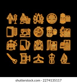 Tailor Worker Sewing Occupation neon light sign vector. Tailor Measuring Client And Sew Leather Jacket, Preparing Suit On Mannequin And Crafting With Professional Equipment Illustrations