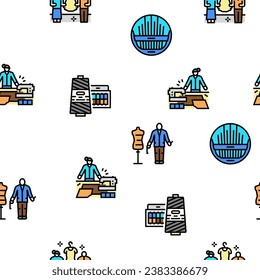 Tailor Worker Sewing Occupation Vector Seamless Pattern Thin Line Illustration