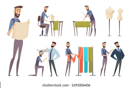 Tailor working. Sewing atelier master dressmaker characters vector cartoon people