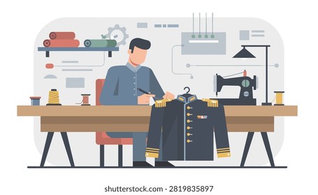 Tailor working at a wooden workbench with a sewing machine and military uniform jacket.