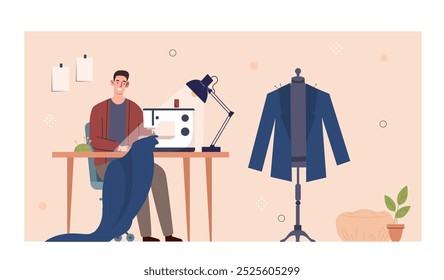 Tailor in workshop. Man sewing fabric. Mannequin with jacket near sewing machine. Fashion designer in studio. Trend and style. Flat vector illustration isolated on white background