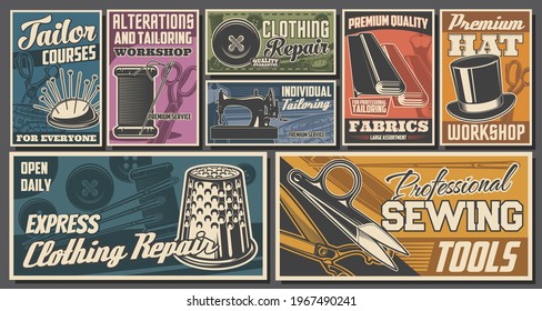 Tailor workshop, sewing services retro posters. Needle and thread, fabrics roll, scissors and buttons vector. Tailor courses, clothing and hat repair, sewing equipment and textile shop vintage banners