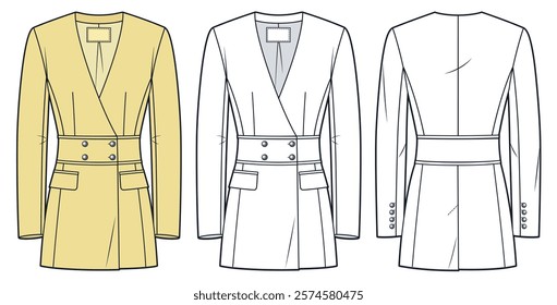 Tailored Blazer Jacket technical fashion illustration. Double-Breasted Jacket fashion technical drawing template, collarless, v-neck, buttons, front and back view, white, yellow, women CAD mockup set.