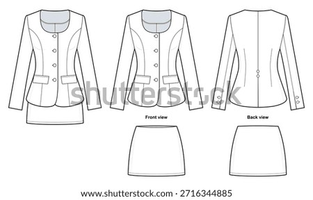Tailored Blazer and Mini Skirt Set Technical Fashion Illustration. Fitted Button-Front Jacket with Scoop Neckline and Flap Pockets. Matching Mini Skirt. Structured Silhouette. Women’s Wear. CAD Mockup Set.