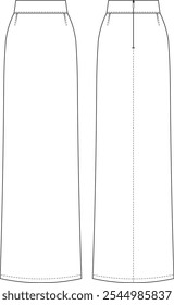 tailored darted zippered long maxi midi a line pencil straight high rise high waist mid rise mid waist skirt template technical drawing flat sketch cad mockup fashion woman design style model 