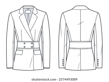 Tailored Double-Breasted Blazer technical fashion illustration. Classic Jacket with Peplum fashion flat technical drawing template, fitted, buttons, front and back view, white, women CAD mockup.