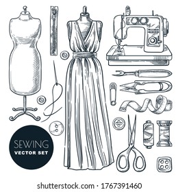 Tailored evening dress for women. Sewing tools and tailor equipment set, isolated on white background. Vector hand drawn sketch illustration. Craft business of making trendy clothes industry