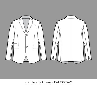 Tailored jacket lounge suit technical fashion illustration with long sleeves, notched lapel collar, flap went pockets. Flat coat template front, back, white color style. Women, men, unisex CAD mockup
