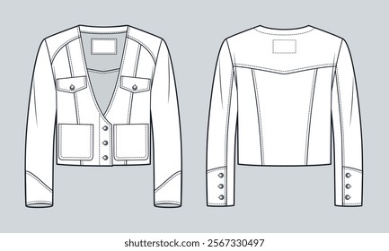 Tailored Jacket technical fashion Illustration. Denim Jacket fashion flat technical drawing template, buttons, three quarter sleeve, low neck, front, back view, white, women, men, unisex CAD mockup.