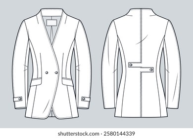 Tailored Jacket technical fashion illustration. Asymmetric Collarless Double-Breasted Blazer fashion flat technical drawing template, fitted, front and back view, white, women, men, unisex CAD mockup.