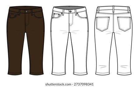 Tailored Knee-Length Denim Capri Technical Fashion Illustration. High-Rise Slim Pedal Pusher Jeans with Clean Five-Pocket Construction. Modern Minimal Summer CAD Vector Template.