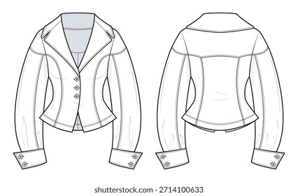 Personalizado Peplum Blazer Jacket Ilustração de moda técnica. Jaqueta Feminina Equipada com Lapela Entalhada e Mangas Longas. Design frontal do botão. Montagem CAD.
