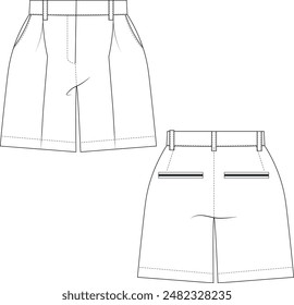 tailored short with welt pocket template technical drawing flat sketch cad mockup fashion woman design
