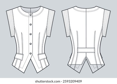 Tailored Vest Jacket Technical Fashion Illustration. Fitted Vest fashion flat technical drawing template, buttons, front and back view, white, women, men, unisex CAD mockup.