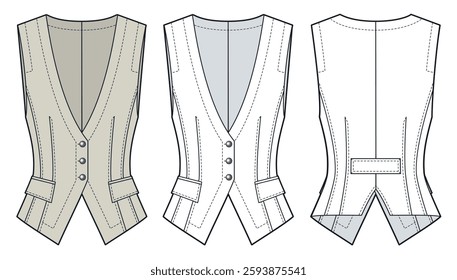 Tailored Vest Jacket Technical Fashion Illustration. Fitted Vest fashion flat technical drawing template, buttons, front and back view, white, beige, women, men, unisex CAD mockup set.