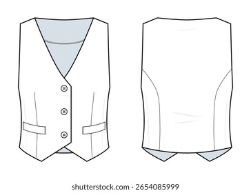 Personalizado V-Neck Colete Moda Ilustração Técnica. Modelo de vetor de colete. Vista frontal e traseira. Fecho Do Botão Para Cima. Apontou Para Eles. Uso Minimalista de business. Colete Estruturado Feminino. Montagem CAD.