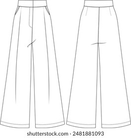 tailored wide leg sailor palazzo pant trouser template technical drawing flat sketch cad mockup fashion woman design model style