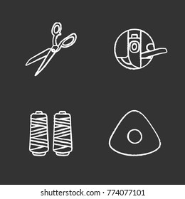 Tailoring chalk icons set. Fabric scissors, bobbin case, thread spool, sewing chalk. Isolated vector chalkboard illustrations