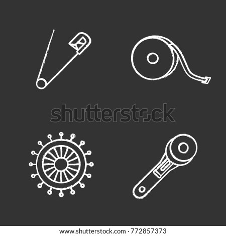 Tailoring chalk icons set. Safety and straight pins, measuring tape, rotary cutter. Isolated vector chalkboard illustrations