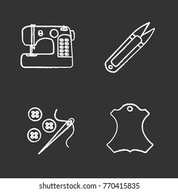 Tailoring chalk icons set. Sewing machine, thread cutter, needle and buttons, leather label. Isolated vector chalkboard illustrations