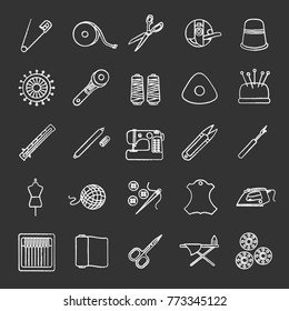 Tailoring chalk icons set. Sewing. Needles, pins, threads, fabrics, buttons. Isolated vector chalkboard illustrations