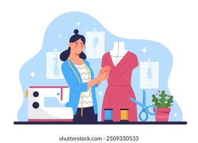 Adaptação de roupas. Mulher com boneco com vestido rosa. Adapte e costureira no estúdio ou na oficina. Designer de moda com vestuário. Ilustração de vetor plano isolada no plano de fundo branco