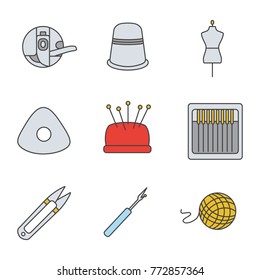 Tailoring color icons set. Bobbin case, sewing thimble, mannequin, chalk, pincushion, needles, thread cutter, seam ripper, wool clew. Isolated vector illustrations