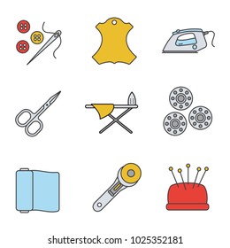 Tailoring color icons set. Needle and buttons, leather label, steam iron and board, nail scissors, bobbins, fabric, rotary cutter, pincushion. Isolated vector illustrations