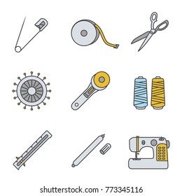 Tailoring color icons set. Safety and straight pins, measuring tape, fabric scissors, rotary cutter, thread spool, seam gauge, marker pen, sewing machine. Isolated vector illustrations