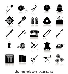Tailoring drop shadow black glyph icons set. Sewing. Needles, pins, threads, fabrics, buttons. Isolated vector illustrations