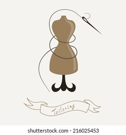 Tailoring emblem with mannequin or dummy and banner and threaded needle. Fashion and tailoring logo design. Vector