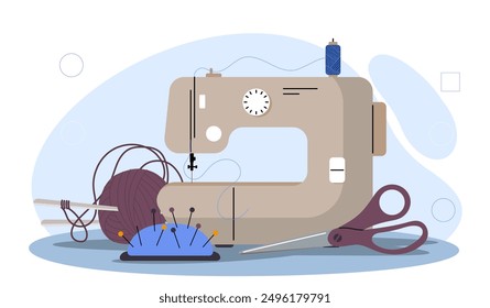 Tailoring equipment concept. Pin cushion and sewing machine. Seamstress and tailor equipment. Handmade and handicraft clothes production. Flat vector illustration isolated on white background