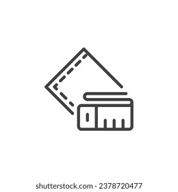 Symbol für die Schneideausrüstung. lineares Stilzeichen für mobiles Konzept und Webdesign. Nähmuster und Mess-Bandumriss Vektorsymbol. Dressmaking Symbol, Logo-Illustration. Vektorgrafik