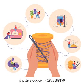 Tailoring flat background composition with hands holding sewing spool surrounded by circle icons with tailor characters vector illustration