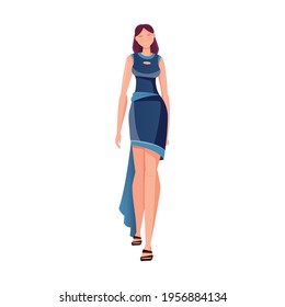 Tailoring flat composition with human character of female model walking in long dress vector illustration