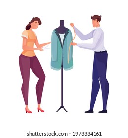 Tailoring flat composition with human characters of male and female tailors working with mannequin vector illustration