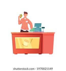 Tailoring flat composition with male character of cashier with money vector illustration