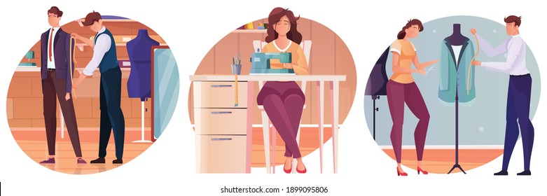 Tailoring flat compositions set of dressmakers working on development and sewing of new clothing models isolated vector illustration